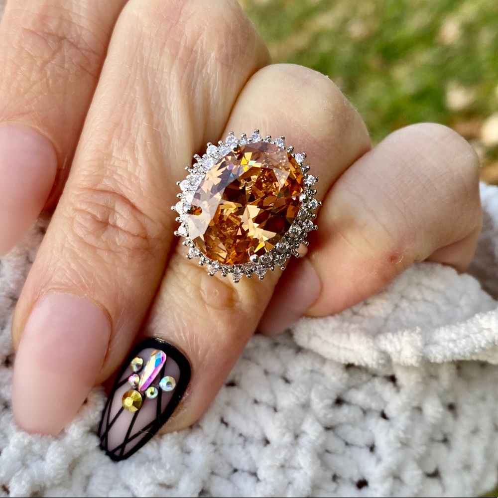 Gorgeous Huge 925 Silver Ring Champagne Crystal